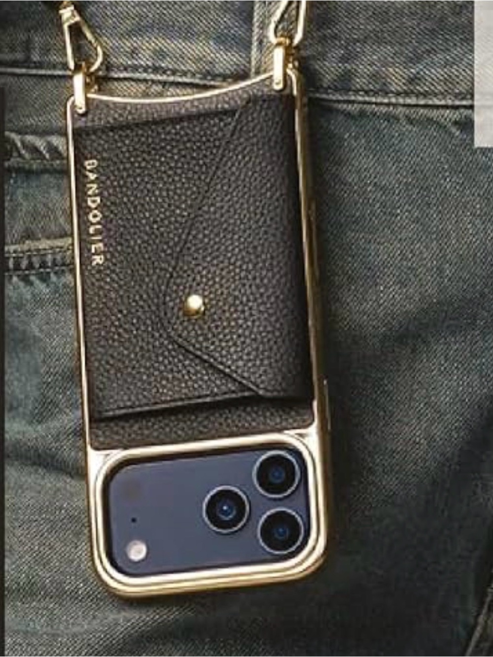 Bandolier Black Leather Crossbody Phone Case with Gold Trim